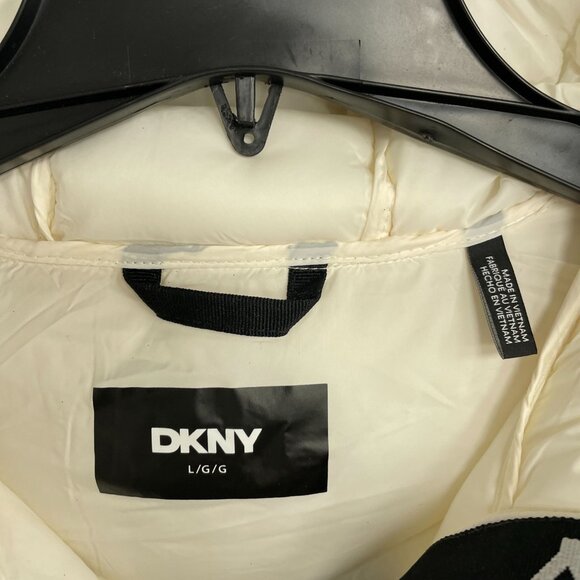 DKNY Women's L Hooded Quilted Jacket With Black Zipper Pockets Ivory i1712 - Picture 6 of 10